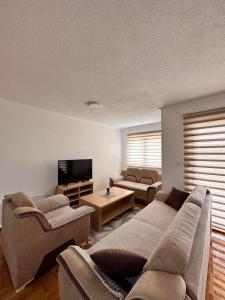 a living room with two couches and a flat screen tv at Apartman T&A in Trebinje