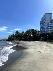 una playa de arena con palmeras y un edificio en Apartamento con playa privada en Santa Marta, en Santa Marta
