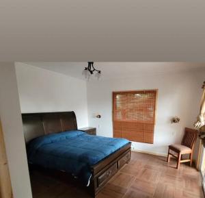 ein Schlafzimmer mit einem blauen Bett und einem Stuhl in der Unterkunft Cabañas Don Fermin in Chovellén