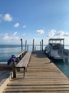uma doca com um barco e um banco na água em Paradise Divers Hotel em Útila