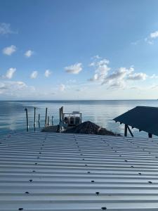 a dock with a boat in the water at Paradise Divers Hotel in Utila