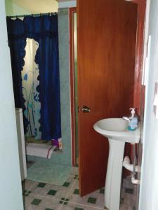 een badkamer met een wastafel, een toilet en een douche bij Sea View Guest Accommodation in Roseau