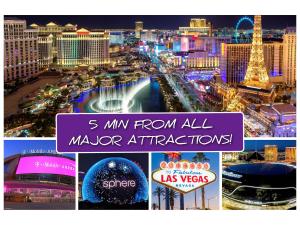 a collage of photos of a city at night at UPGRADED & STYLISH, POOL, HOT TUB, WALK TO STRIP! in Las Vegas