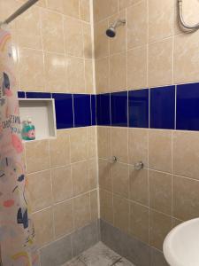 y baño con ducha de azulejos azules y marrones. en Playa El Obispo E La Marea building La Libertad en La Libertad