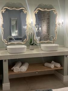 Two on Milner - OAK TREE COTTAGE - Stylish open-plan Guesthouse in Rondebosch في كيب تاون: مغسلتين في حمام مع مرآيتين