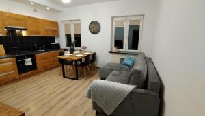 uma sala de estar com um sofá, uma mesa e uma cozinha em Tabago Studio 11 em Nysa