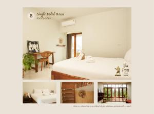 two pictures of a bedroom with a bed and a desk at Imm Paknham in Ban Hin Sam Kon