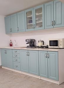 a kitchen with blue cabinets and a microwave at Casa Domnească in Giurgiu