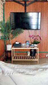 a television on a wall with a table with plants at Old House Homestay in Hanoi