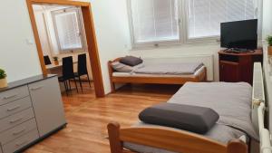 Mały pokój z łóżkiem i biurkiem z telewizorem w obiekcie HÉDER APARTMANOK w mieście Balatonfenyves