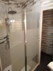 una puerta de cristal a una ducha en una habitación en Hôtel Restaurant Bar du Commerce - KB HOTEL GROUP, en Tronget