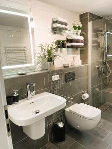 La salle de bains est pourvue d'un lavabo et de toilettes. dans l'établissement Ferienwohnung Stamer, à Eckernförde