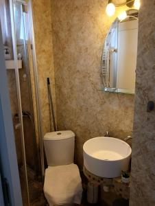 a bathroom with a toilet and a sink and a mirror at Crystal Room in Timişoara