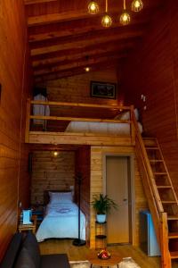 ein Schlafzimmer mit einem Etagenbett in einem Holzhaus in der Unterkunft Villa Ujëvara e vogël in Theth