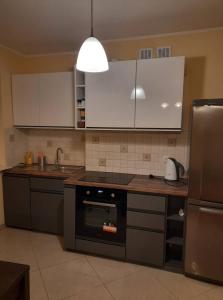 uma cozinha com um lavatório e um fogão forno superior em Apartament Nadmorski em Gdansk