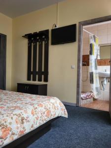 Schlafzimmer mit einem Bett, einem Waschbecken und einem Spiegel in der Unterkunft Амстердам in Chmelnyzkyj