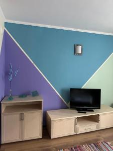 ein Wohnzimmer mit einem TV und einer Wand mit einem Hang in der Unterkunft STENATA Sport Apartments in Pamporowo