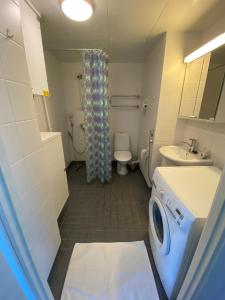 a bathroom with a toilet sink and a washing machine at Kotimaailma - Saunallinen kolmio lähellä lentokenttää in Vantaa