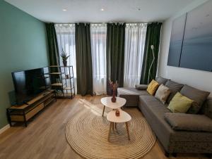 - un salon avec un canapé et une télévision dans l'établissement Goldstadt Apartments, à Pforzheim