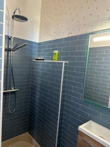 La salle de bains est pourvue de carrelage bleu, d'une douche et d'un lavabo. dans l'établissement Central village house in Bussiere Poitevine, à Bussière-Portevine