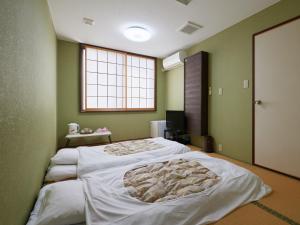 two beds in a room with green walls at Tabist Sakura no Yakata Hotel in Fuefuki
