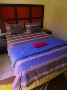 - un grand lit avec un oreiller rouge dans l'établissement MOFFAT GUEST HOUSE, à Randfontein