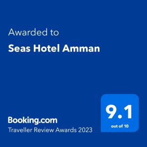 Сертификат, награда, табела или друг документ на показ в Seas Hotel Amman