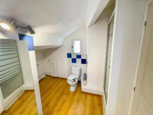 a bathroom with a toilet and blue and white tiles at Charmant duplex - Narbo Appart in Narbonne