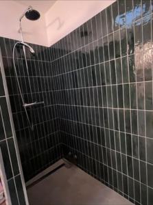 uma casa de banho com um chuveiro com azulejos pretos em Jolie maison Pays d'Aix em Rognes