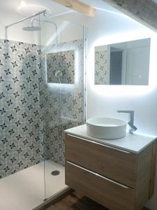 La salle de bains est pourvue d'un lavabo et d'une douche. dans l'établissement Mas de Brun Confort, à Puget-Ville
