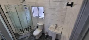 een badkamer met een douche, een toilet en een wastafel bij DreamSleep in East London