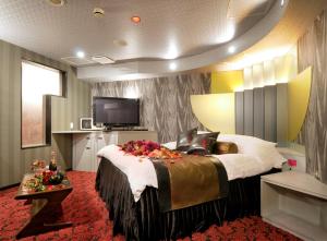 1 dormitorio con 1 cama grande y TV en HOTEL LOVE IKUTAMA -Adult Only, en Osaka