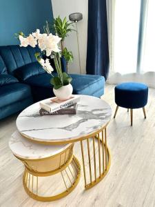 ein Wohnzimmer mit Couchtisch und blauem Sofa in der Unterkunft Perle rare « Le Cosy de CDG » in Le Blanc-Mesnil