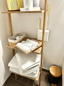 - une étagère avec des serviettes dans la salle de bains dans l'établissement Perle rare « Le Cosy de CDG », au Blanc-Mesnil