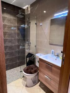 uma casa de banho com um chuveiro, um WC e um lavatório. em Appartement la Ville Haute em Kenitra