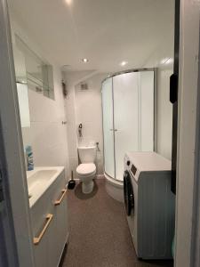 a bathroom with a toilet a sink and a shower at Apartament na Piaskach in Ostrowiec Świętokrzyski