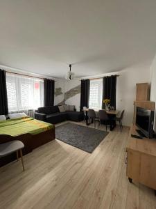 a living room with a bed and a couch at Apartament na Piaskach in Ostrowiec Świętokrzyski