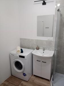een badkamer met een wasmachine en een wastafel bij Super mieszkanie 3-pokoje in Bielawa