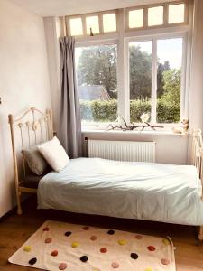 1 dormitorio con cama, ventana y alfombra en Slapen bij de Brug, 