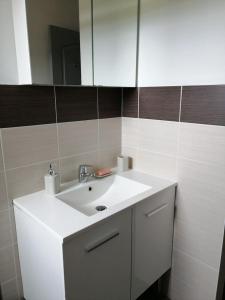 a bathroom with a white sink and a mirror at MAISON DU BONHEUR in Lesparre-Médoc