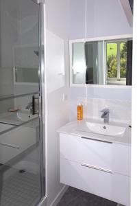 biała łazienka z umywalką i prysznicem w obiekcie LA BATISSE l'arbre gris w mieście Le Grand-Abergement