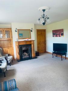 a living room with a fireplace and a mirror at Clonmines lodge in Wexford