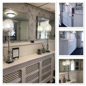 un collage de trois photos d'une salle de bains avec miroir dans l'établissement The Rutland, à Blackpool