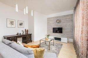 un salon avec un canapé et une télévision dans l'établissement Venus Apartments - Szimpla Kert Penthouse, à Budapest