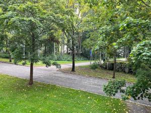 un sentiero in un parco con alberi e erba di Hyvällä sijainnilla iso kaksio Hervannassa a Tampere