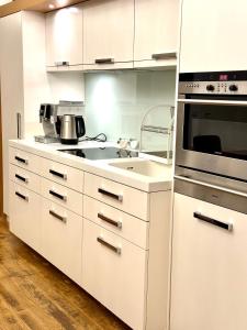 維也納的住宿－Sisi Apartment，白色的厨房配有水槽和微波炉