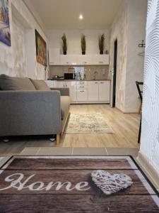 a living room with a couch and a kitchen at Apartamenty Rynek a1 in Przemyśl