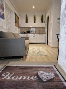 a living room with a couch and a kitchen at Apartament Alibi in Przemyśl
