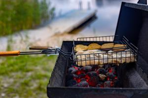 Ein Grill mit einem Haufen Essen drauf. in der Unterkunft Lielpīles in Radziņciems