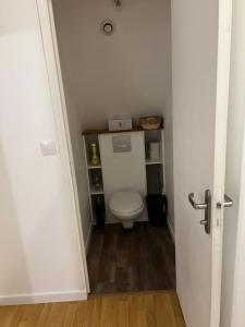 een badkamer met een toilet in een kleine kamer bij La palmeraie - duplex 4 pers in Condé-sur-lʼEscaut